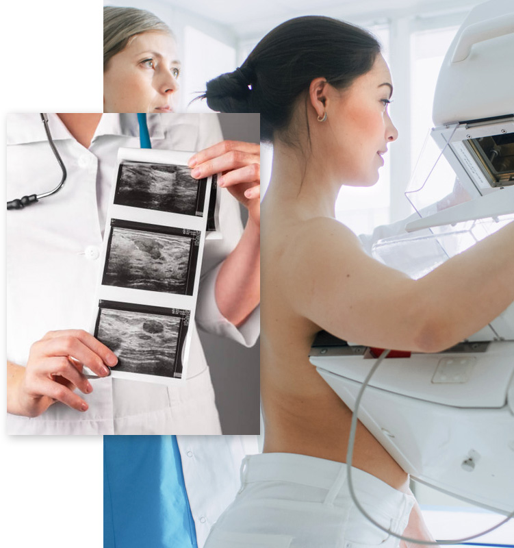 An woman is being scanned her chest with a scanner, another image included those scans report