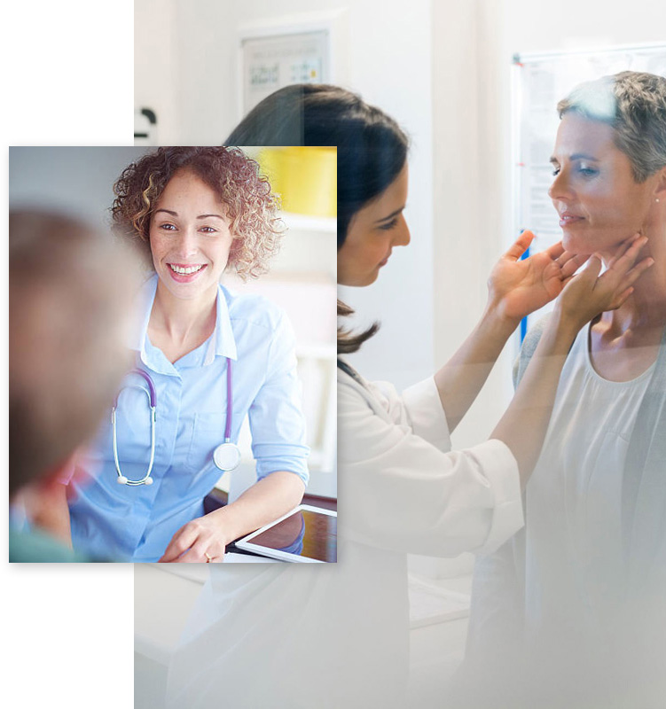 Image of a lady doctor touching and checking her lady patient's neck