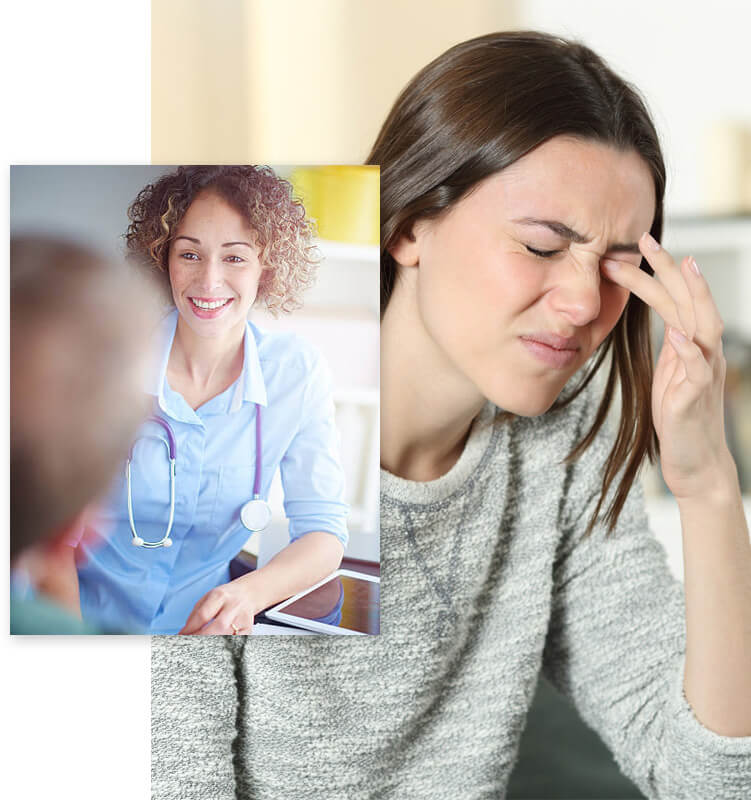 A woman closing her both eyes and touching one eye and feeling pain due to allergy