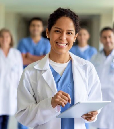 A smiling lady doctor with 4 doctors in a blur background view